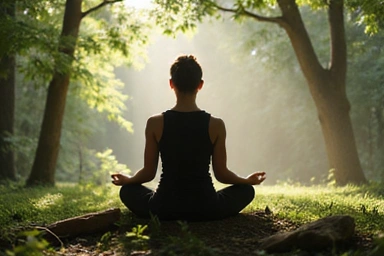 A serene image of a person meditating in a peaceful natural environment, representing mental wellness and stress reduction.
