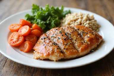 An image showing a balanced plate of healthy food, including lean protein, fresh vegetables, and whole grains, symbolizing optimal nutrition.