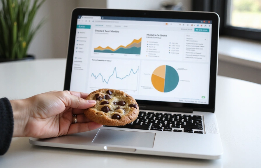A person's hand holding a cookie next to a laptop displaying website data, symbolizing cookie usage and data analysis.