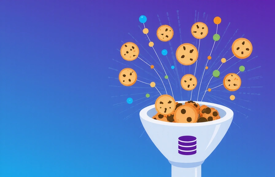 An abstract illustration of different types of cookies flowing into a digital funnel, representing data collection and categorization.